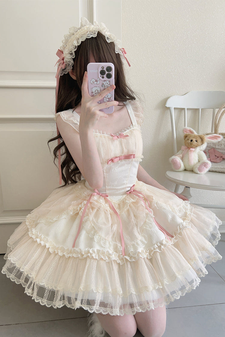 [Flower Season] Bowknot Lace Sweet Ballet Lolita Jsk Dress 4 Colors - Apricot - 6