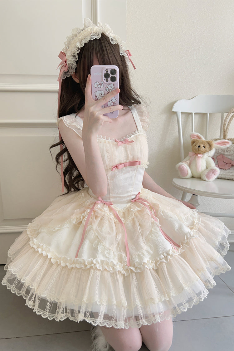 [Flower Season] Bowknot Lace Sweet Ballet Lolita Jsk Dress 4 Colors - Apricot - 6