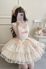 [Flower Season] Bowknot Lace Sweet Ballet Lolita Jsk Dress 4 Colors - Apricot - 6