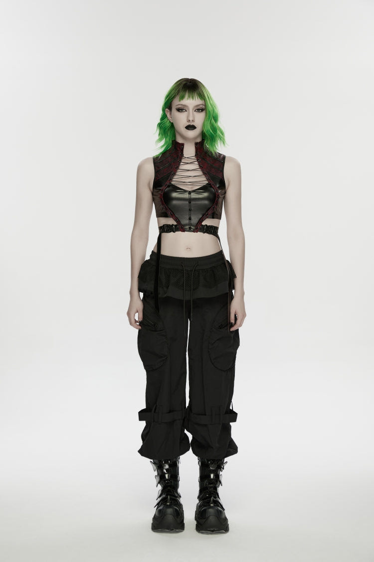 Pleated Women's Punk Ruffled Hem Big Pockets Cargo  Pants cool - Black - 1