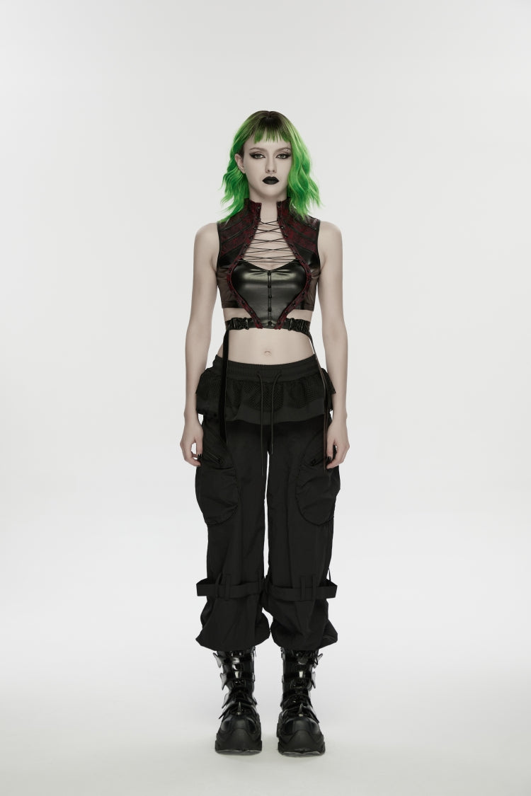 Pleated Women's Punk Ruffled Hem Big Pockets Cargo  Pants cool - Black - 1