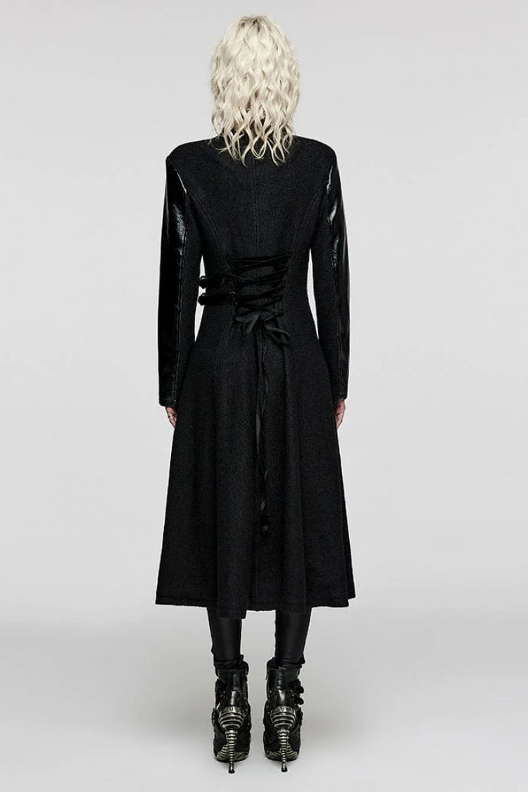 Black Stand Collar Print Faux Leather Stitching Womens Gothic Coat - Product - 4