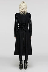 Black Stand Collar Print Faux Leather Stitching Womens Gothic Coat - Product - 4