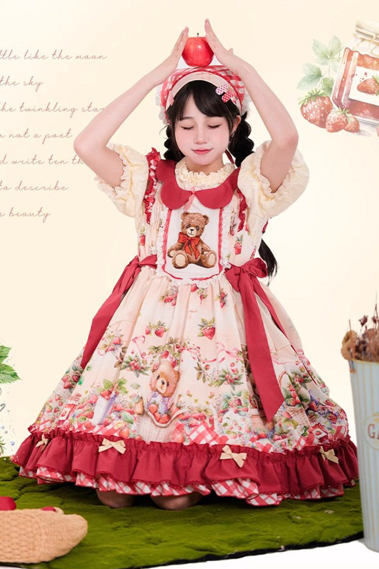 Red [December Strawberry Bear] Print Ruffle Bowknot Sweet Lolita Dress - Product - 6