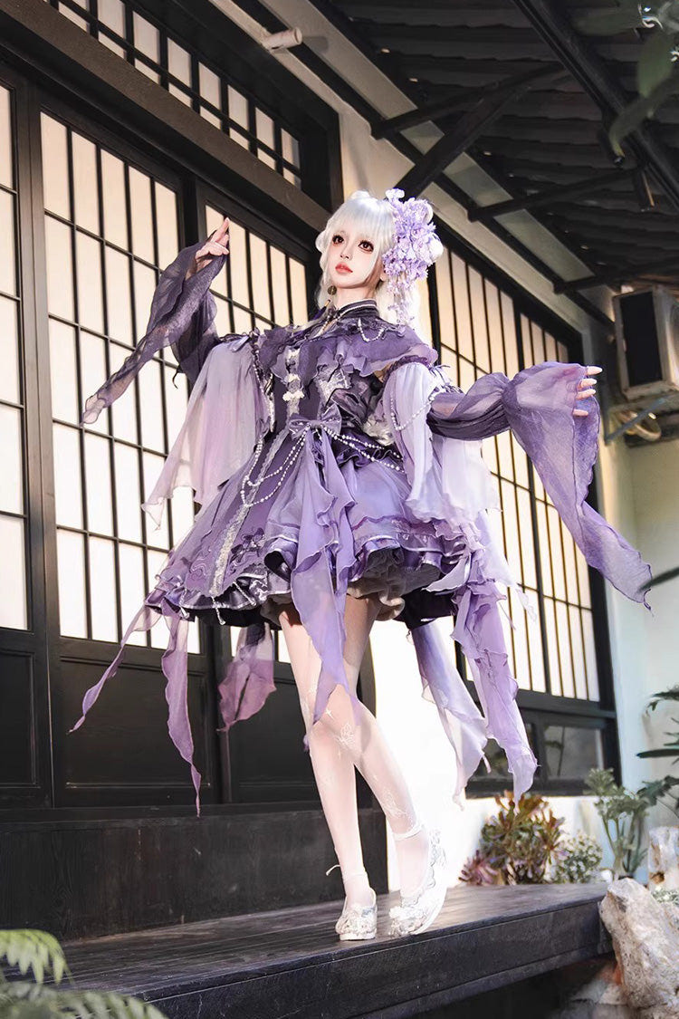 Purple Stand Collar Embroidered Pearl-Decorated Gothic Lolita Jsk Dress Set - Product - 6