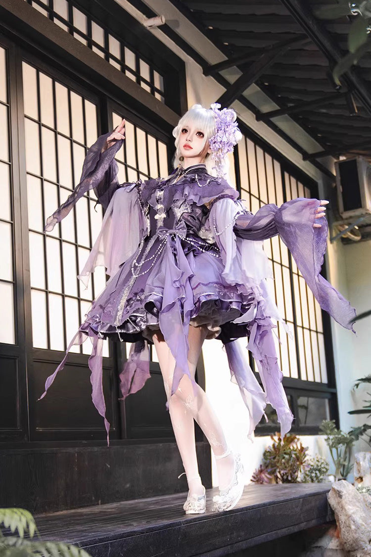 Purple Stand Collar Embroidered Pearl-Decorated Gothic Lolita Jsk Dress Set - Product - 6