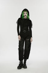 Black Ripped Zippered Eyelet Women's Punk Unedged Decadent Denim Pants - Product - 1