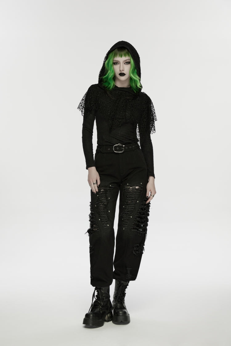 Black Ripped Zippered Eyelet Women's Punk Unedged Decadent Denim Pants - Product - 1