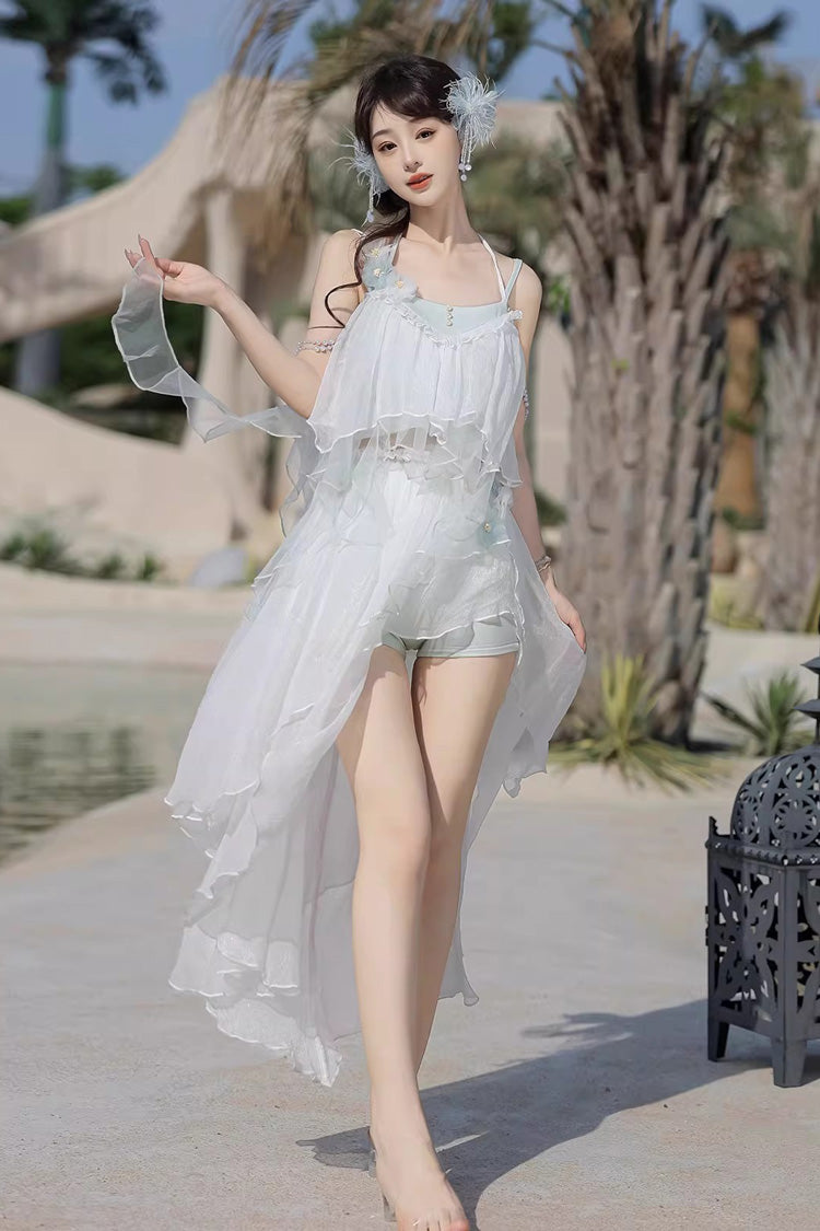 White Sleeveless Summer Beach Women's Lace Sweet Lolita Three-Piece Swimsuit Set - Product - 6