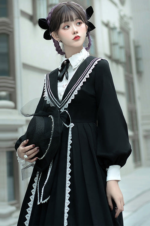 Black Elegant Bowknot Long Sleeves College Style Gothic Lolita Dress - Product - 5