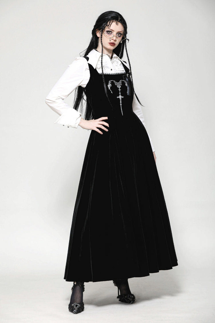 Black Horn Embroidered Lace-Up Women's Gothic Velvet Maxi Dress - Product - 12