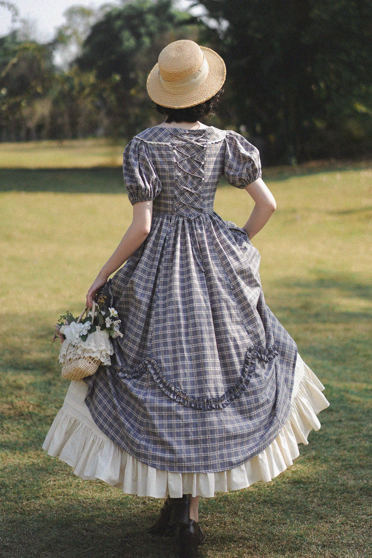 Grey/Blue [Forest Picnic] Boat Neck Short Sleeves Printed Lift-Hem Ruffled Classic Vintage Elegant Lolita Dress - Product - 6