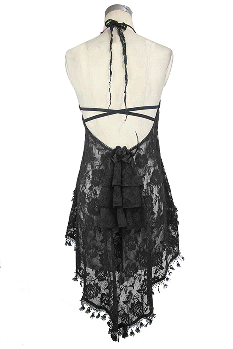 Black Frilly Tassel Hem Halter Lace Women's Gothic T-Shirt - Product - 10