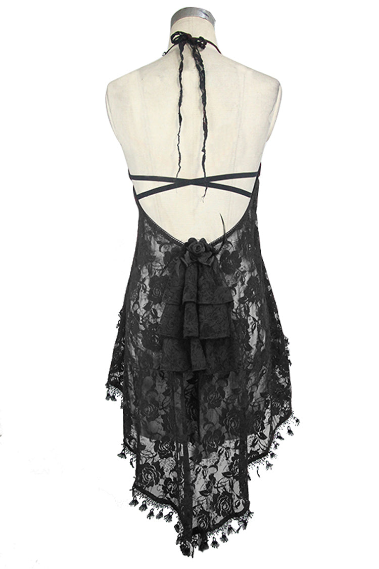 Black Frilly Tassel Hem Halter Lace Women's Gothic T-Shirt - Product - 10