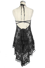 Black Frilly Tassel Hem Halter Lace Women's Gothic T-Shirt - Product - 10