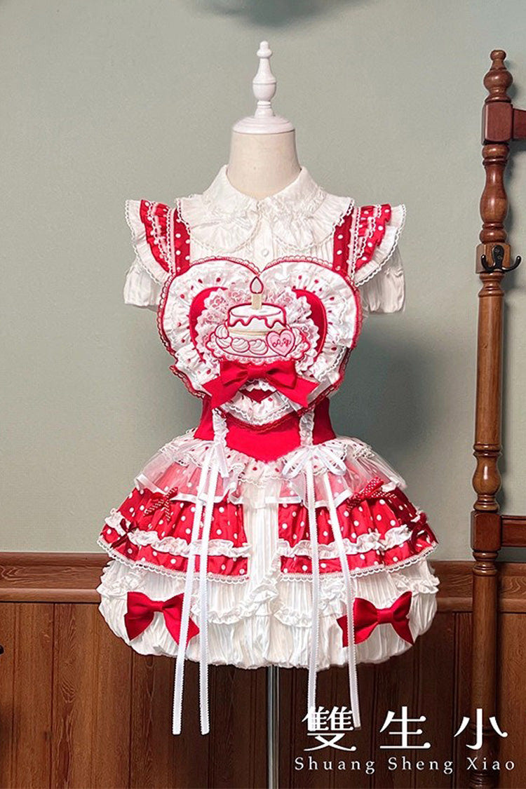Red/White [Twin Bears] Birthday Cake Sleeveless Print Ruffle Bowknot Lace Sweet Lolita Small Flower Bud Dress - Product - 3