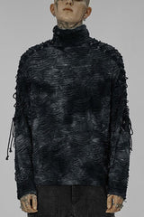 Black/Blue Punk Post Apocalyptic Turtleneck Tattered Tie Dye Print Lace Up Long Sleeve Men's T-Shirt - Black/Blue - 1