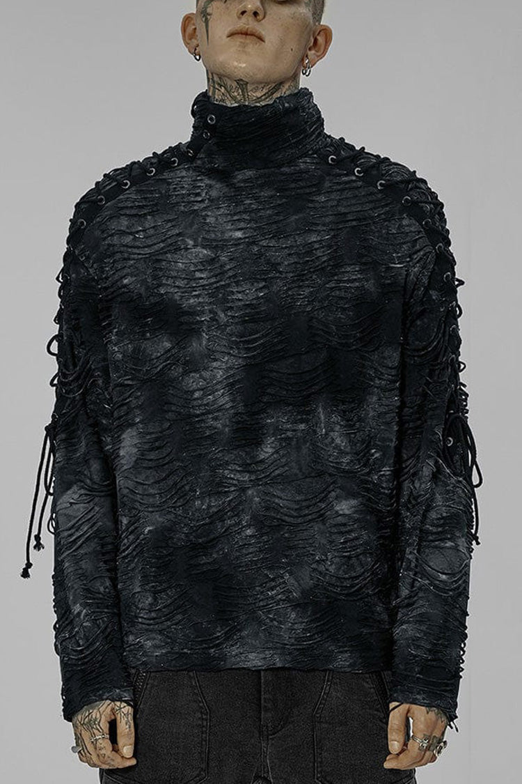 Black/Blue Punk Post Apocalyptic Turtleneck Tattered Tie Dye Print Lace Up Long Sleeve Men's T-Shirt - Black/Blue - 1