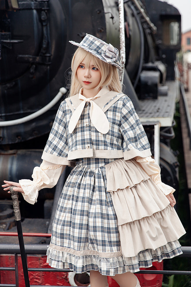 Grey/Blue [Morning Tune] Sleeveless High Waisted Print Ruffle Asymmetric Sweet Lolita Strap Dress - Product - 3