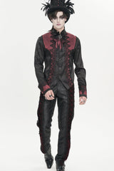 Red Stand Collar Long Sleeves Jacquard Embroidered Bow Lace Men's Gothic Palace Shirt - Product - 5