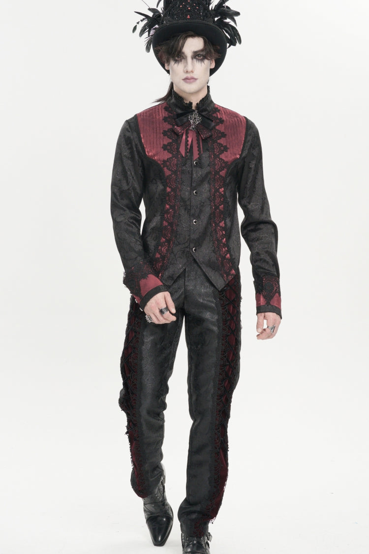 Red Stand Collar Long Sleeves Jacquard Embroidered Bow Lace Men's Gothic Palace Shirt - Product - 5