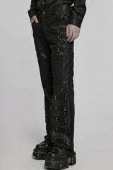 Black Pleated Faux Leather Stitching Men's Punk Straight Pants - Product - 2