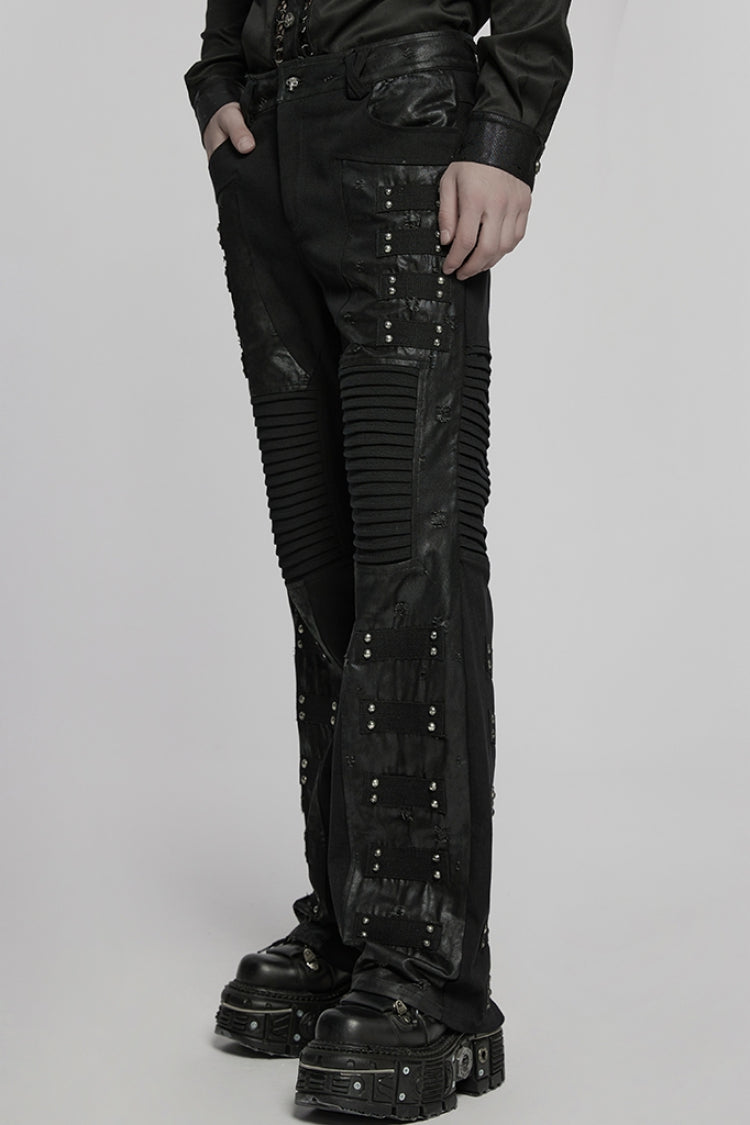Black Pleated Faux Leather Stitching Men's Punk Straight Pants - Product - 2