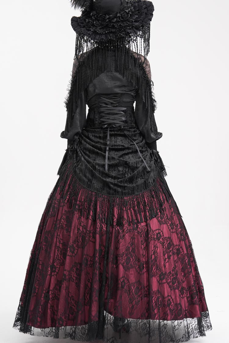 Wine Red Print Embroidery Tassels Buckle-up Lace-Up Women's Gothic Long Skirt - Product - 4