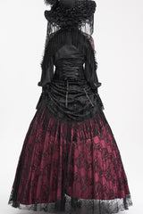 Wine Red Print Embroidery Tassels Buckle-up Lace-Up Women's Gothic Long Skirt - Product - 4