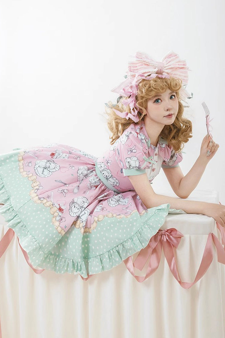 Pink/Green Tea Time Donut, Cake and Bear Print Ruffle Sweet Elegant Lolita Dress - Product - 3