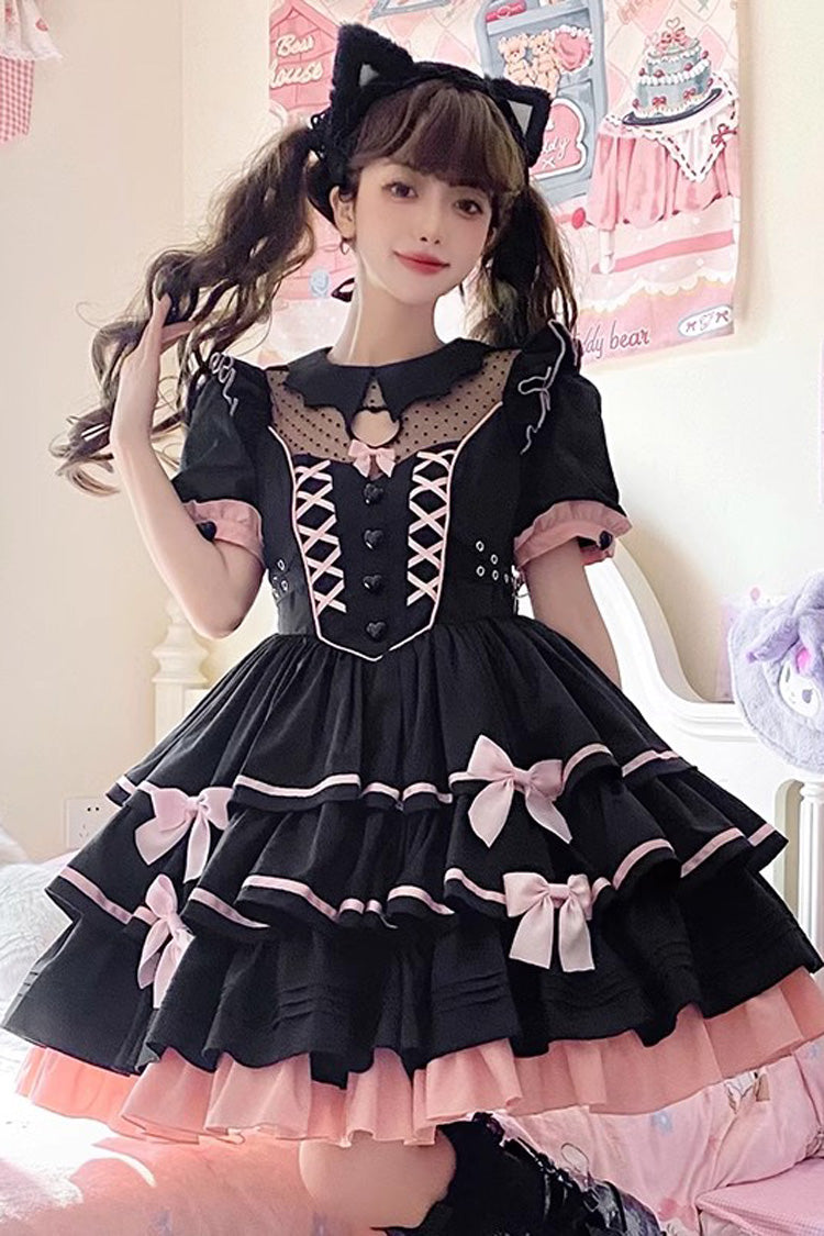 Black/Pink Short Sleeves Multi-layer Ruffle Bowknot Sweet Lolita Dress - Black/Pink - 1