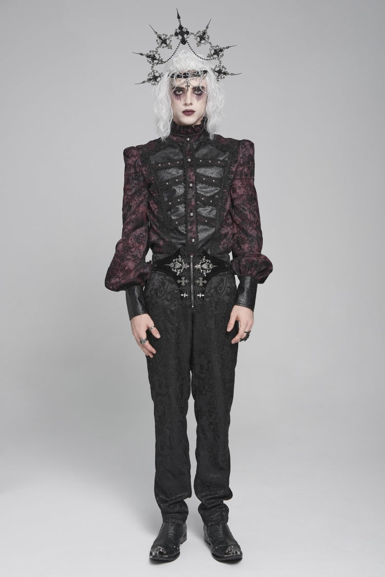 Black/Red Stand Collar Long Lantern Sleeves Floral Print Embroidery Men's Gothic Blouse - Product - 2