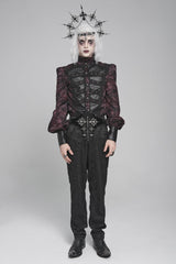 Black/Red Stand Collar Long Lantern Sleeves Floral Print Embroidery Men's Gothic Blouse - Product - 2