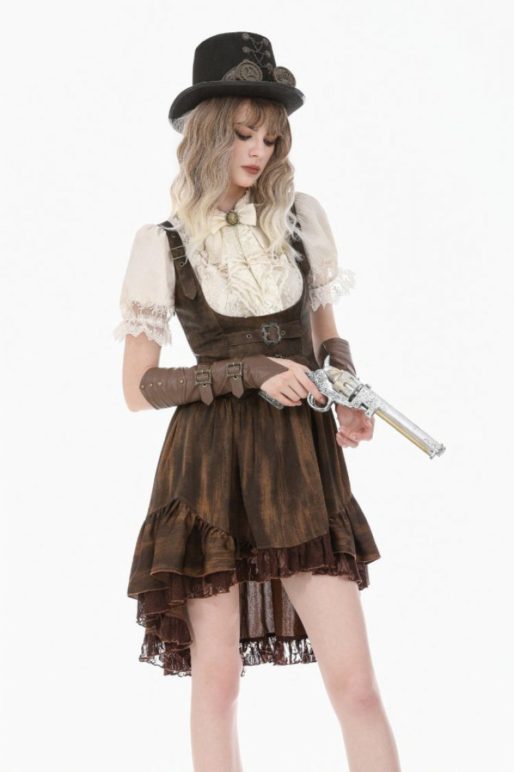 Beige Stand Collar Short Puff Sleeves Lace Sheer Lace-Up Women's Gothic Blouse with Detachable Bowknot - Product - 6