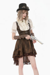 Beige Stand Collar Short Puff Sleeves Lace Sheer Lace-Up Women's Gothic Blouse with Detachable Bowknot - Product - 6