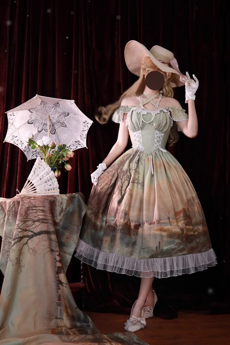 Village Print Ruffle Lace Off Shoulder Elegant Princess Sweet Lolita Jsk Dress 2 Colors - Yellow - 1