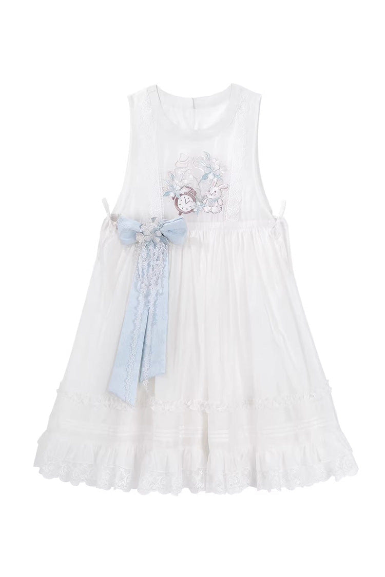 Light Blue [Alice in the Illusion] Stand Collar Pastoral-StylePrinted Bow Lace Chinese Style Vintage Lolita Ma Mian Skirt Set - Apron-Skirt(Only) - 12