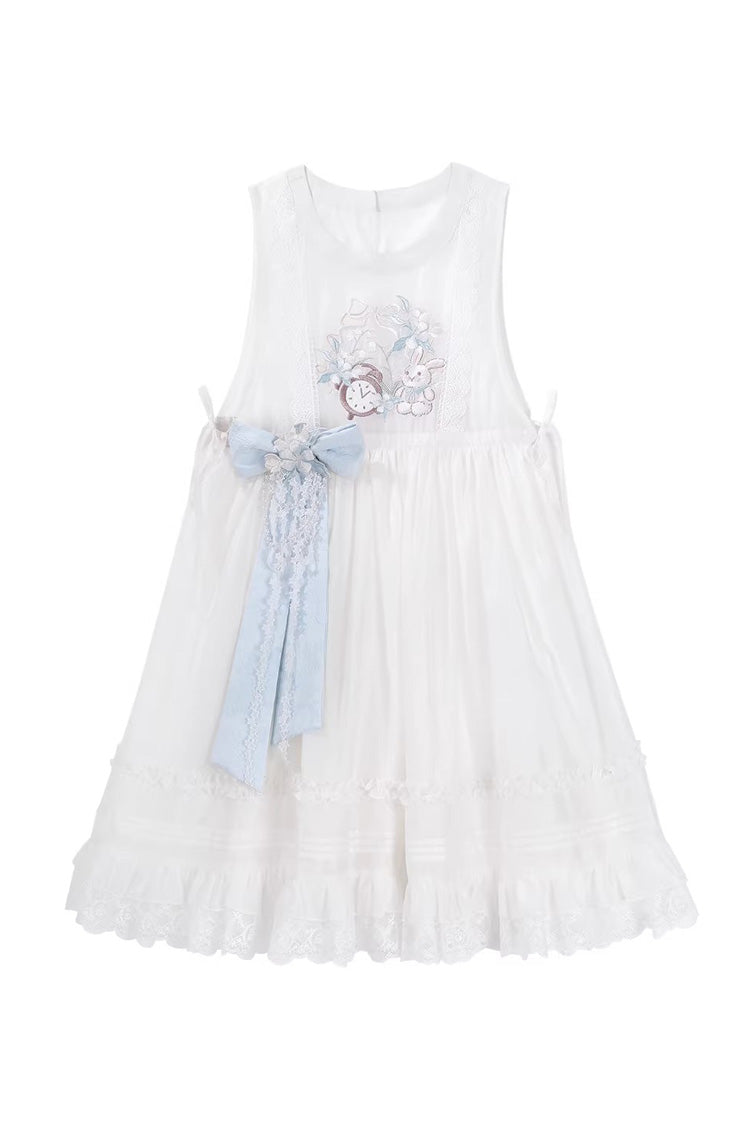 Light Blue [Alice in the Illusion] Stand Collar Pastoral-StylePrinted Bow Lace Chinese Style Vintage Lolita Ma Mian Skirt Set - Apron-Skirt(Only) - 12