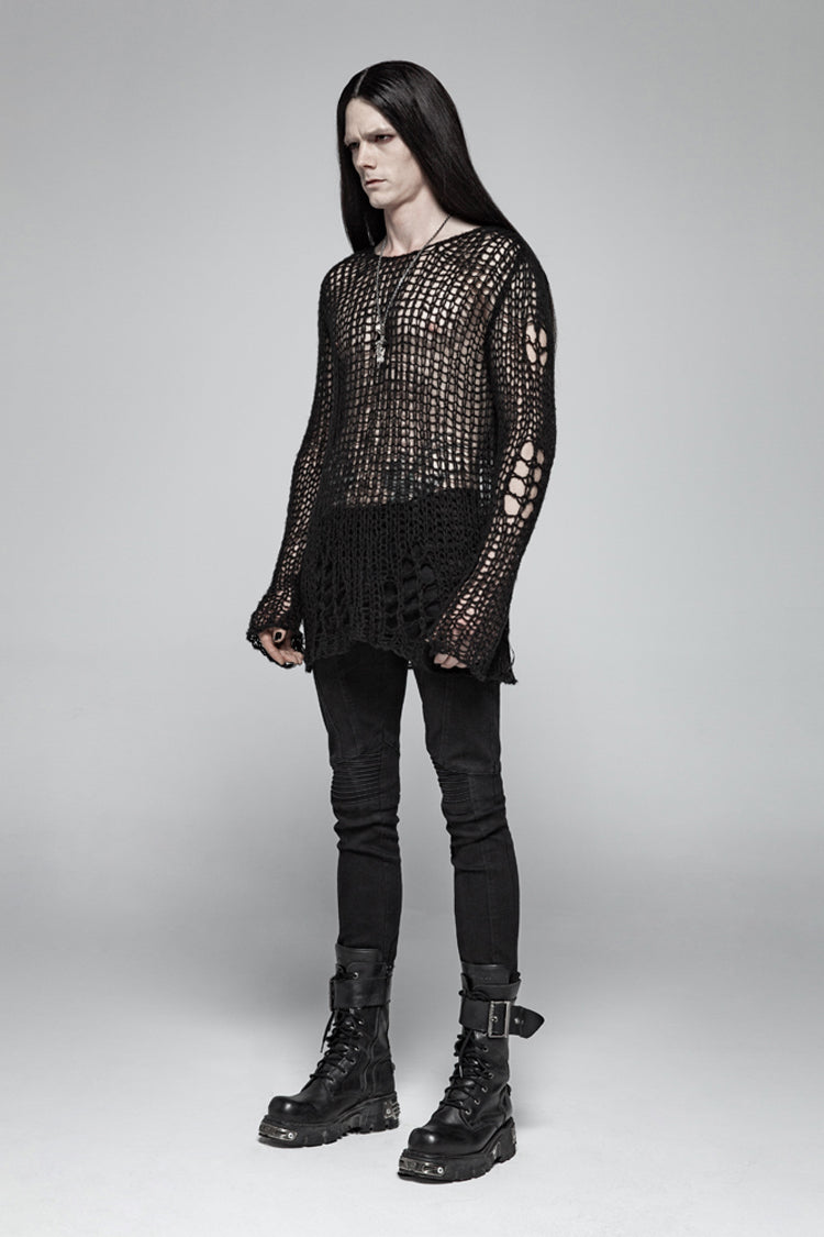 Black Casual Ripped Pullover Men's Steam Punk Sweater - Product - 3