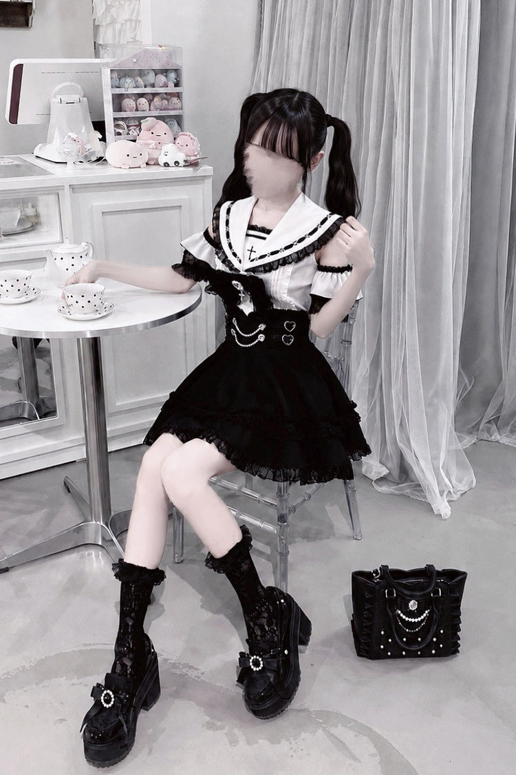 Black/White [Apprentice Witch] Off Shoulder Navy Collar Short Sleeves Ruffled Bow Lace Pearl Detail Classic Jirai Kei Japanese Skirt Set - Product - 5