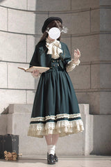Green [Artemis SP] Ruffle Bowknot Lace College Style Elegant Lolita Jumper Dress - Product - 4