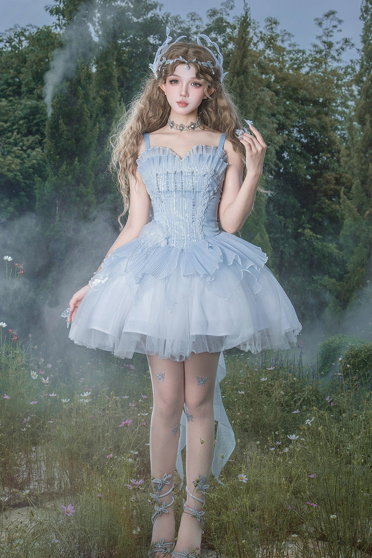 Blue [Spirit in the Mist] Square Collar Sleeveless Ruffled Pearl Detail Sweet Elegant Lolita Jsk Dress - Product - 7