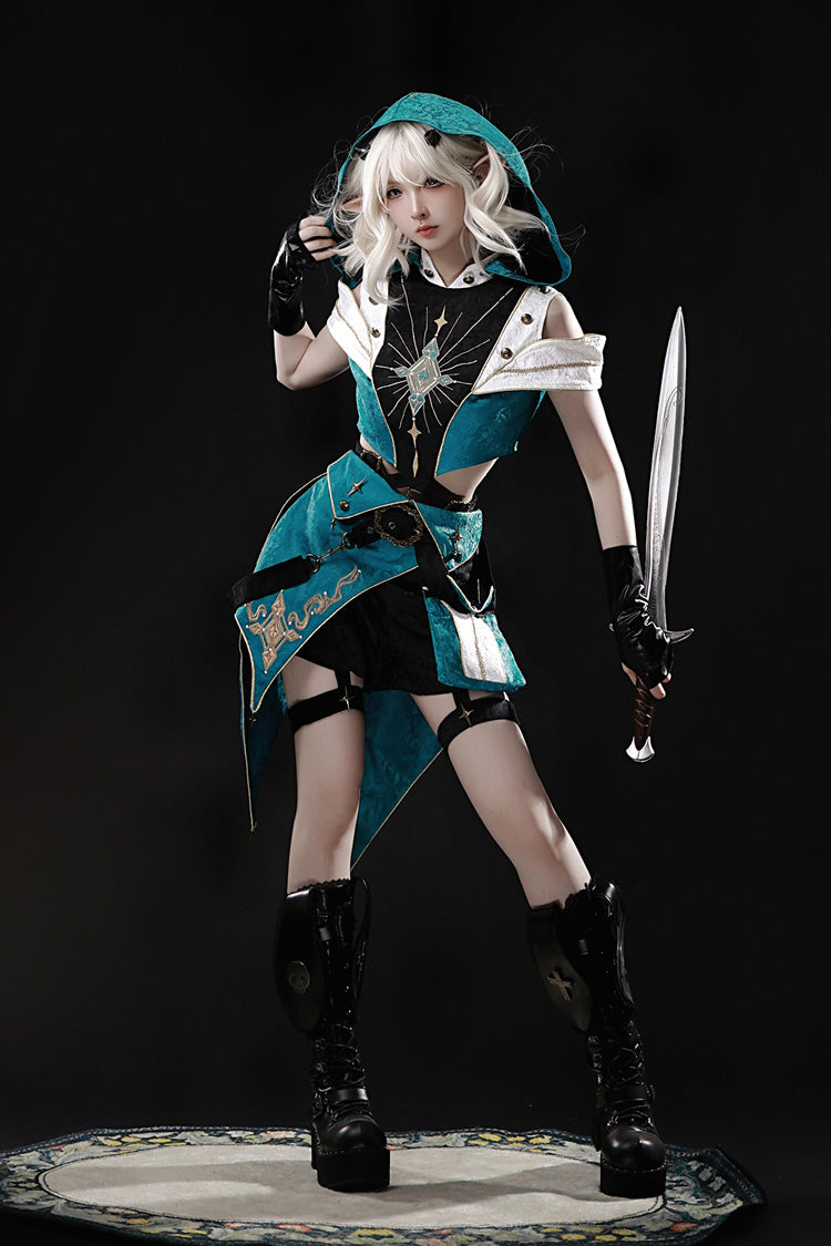 Blue/Green [Traveler’s Outfit] Print Embroidery Hooded Ouji Fashion Sweet Handsome Lolita Set - Product - 12