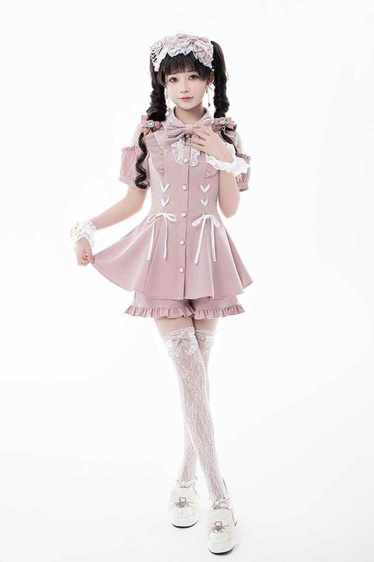[Alice of Wednesday] Sweet Off Shoulder Short Sleeves Ruffle Bowknot Lace-Up Japanese Jirai Kei Dress Shorts Set 3 Colors - Product - 15