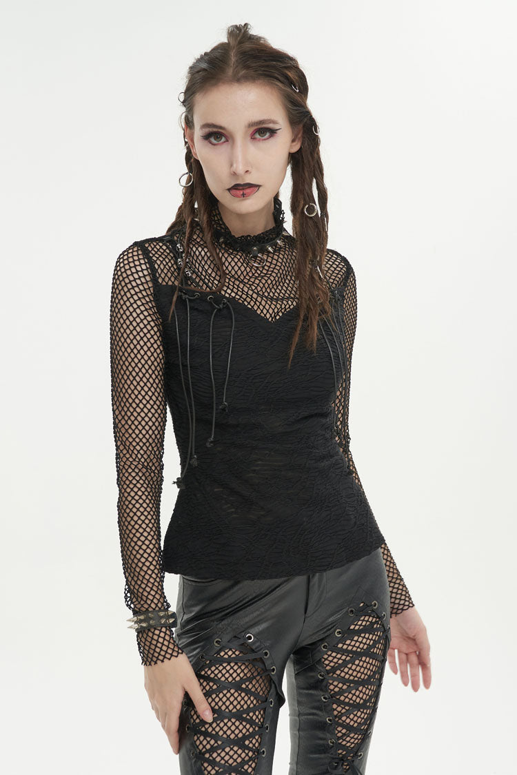 Black Turtleneck Adjustable Faux Suspenders Textured Knit Mesh Women's Punk T-Shirt - Product - 2