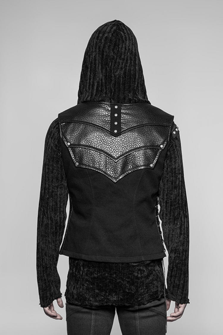 Black Sleeveless Faux Leather Detailed Men's Punk Vest - Product - 3