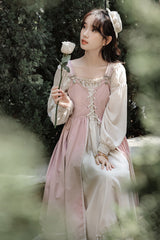 Pink/Apricot Square Collar Long Sleeves Ruffled Embroidered Lace-Up Sweet Lolita Two-Piece Dress Set - Product - 14