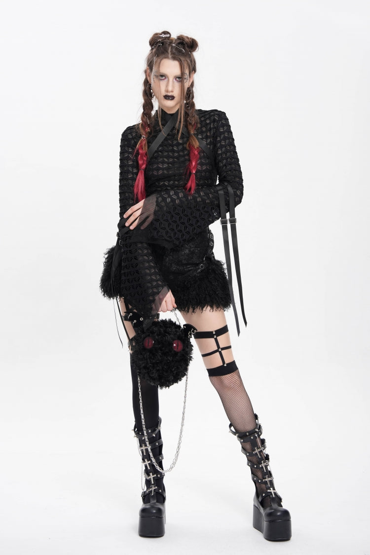 Black Stand Collar Long Sleeves Mesh Buckle Straps Women's Punk Blouse - Product - 6