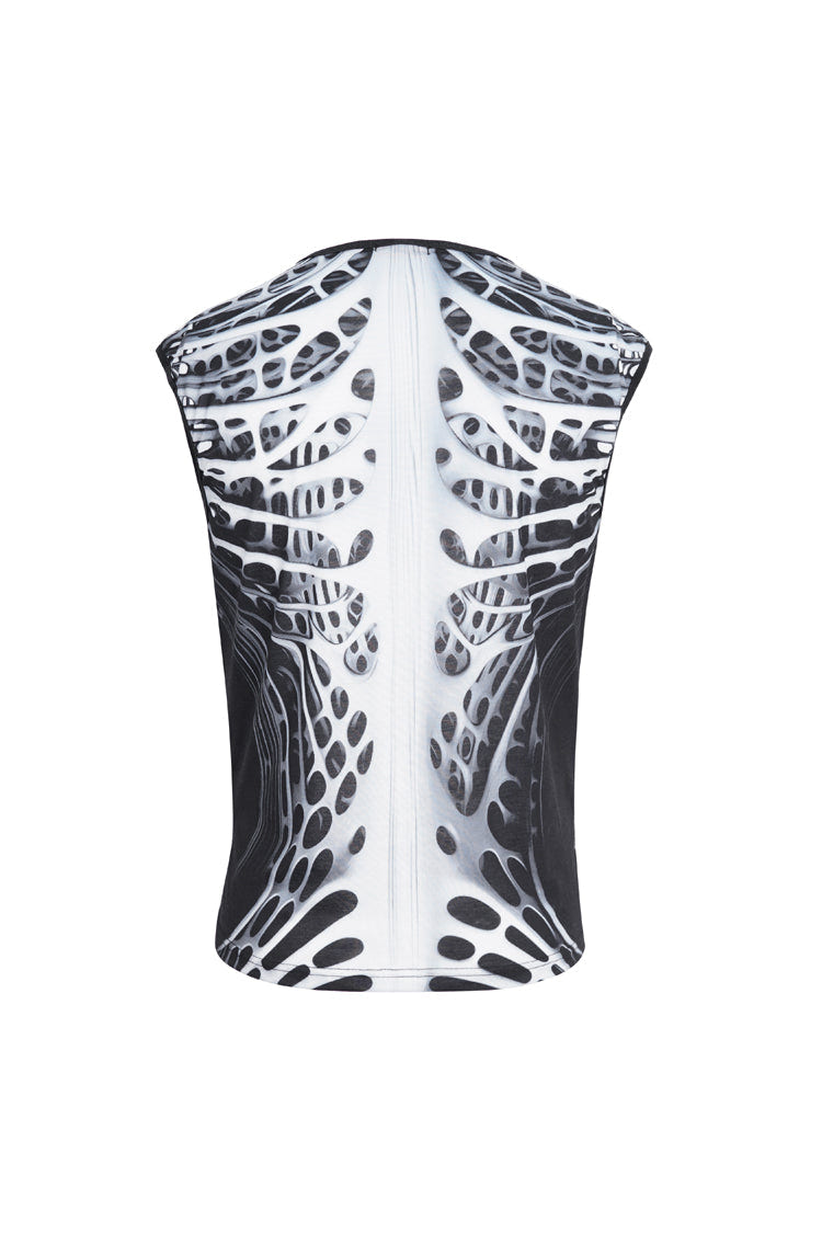 Black/White Round Collar Print Hollow Men's Punk Vest - Product - 7