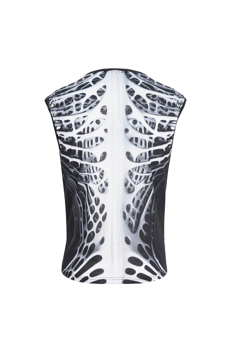 Black/White Round Collar Print Hollow Men's Punk Vest - Product - 7